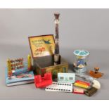 A quantity of collectables. Includes Blue Bird tin, vintage tins, tinplate, slide viewers etc.