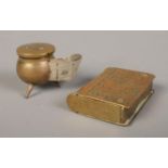 A King George V double hinged brass vesta case, inscribed 'Long Live the King' together with novelty