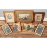 Four framed antique photograph portraits, along with three framed watercolours.