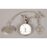 A silver cased pocket watch together with heavy silver chain, t-bar fob and hinged snuff box. Pocket