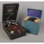 A cased His Master Voice picnic gramophone along with a quantity of records.