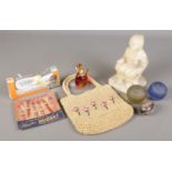 A quantity of collectables. Includes alabaster seated lady, glass paperweights, Maws baby brush