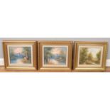 Three gilt framed oil on canvas paintings. Including two signed Ambrose depicting ducks in flight,