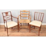 Three chairs. Including oak ladder back armchair with rush seat example, etc.