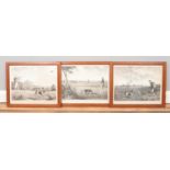 Three framed French etchings depicting hunting scenes.