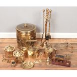 A box of brassware. Including Eastern tea caddy, ornate bin, kettle, etc.