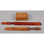 Two decorative wooden page turners and marquetry box. To include Bamboo and Maple page turners
