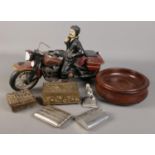 A quantity of collectables. Includes large composite motor biker, wooden bowl, cigarette case etc.