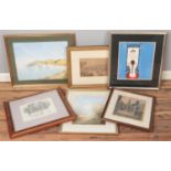 A quantity of framed pictures. Including Bernard Banks watercolour, engraving, etc.