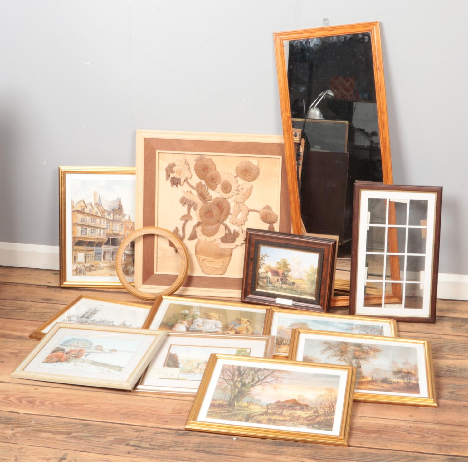 A collection of pictures, prints and a mirror. Includes Albert Took watercolour, Mappin