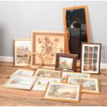 A collection of pictures, prints and a mirror. Includes Albert Took watercolour, Mappin