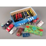 A box of mainly diecast vehicles, includes WV tin plate toy.