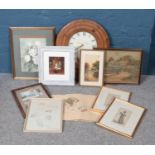 A collection of pictures and a quartz wall clock. Includes Cummings floral still life watercolour,
