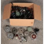 A box of fishing reels. Includes Hardy Silex, Mordex, Mitchell, Intrepid etc. All three Hardy