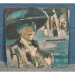 After John Duncan Fergusson (1874-1961), an unframed oil on board, portrait of a lady in a hat. 49cm