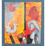 After Maqbool Fida Husain (1915-2011), an unframed oil on canvas in the Cubist style. 80cm x 70cm.