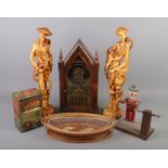 A quantity of collectables. Includes Jerome & Co clock, Hudson Scott & Son tin, pair of large