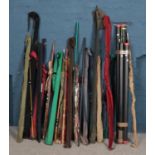 A large collection of fishing rods. Includes Abu spinning rods, Bruce & Walker fly rod, Edgar Sealey