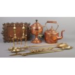 A quantity of metalwares. Including copper samovar & kettle, brass companion set, fire dogs, etc.