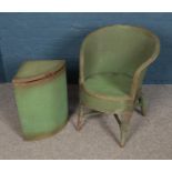 A Lloyd Loom style chair in green and matching corner box.