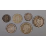 Six Victorian silver coins. Includes two One Shillings, two Six Pence and two Three Pence.