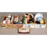 Four boxes of miscellaneous. Includes alabaster mantel clock, wash jug and bowl, pair of Tiffany