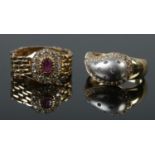 Two 14ct gold dress rings, both set with colourless stones. Stamped 585. 10.73g.