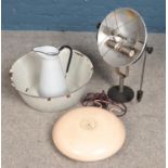 Miscellaneous items. Includes large enamel bowl and jug, Bellings bed warmer and a heat lamp.