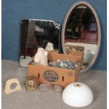 A box of miscellaneous. Including two mirrors, small mannequin torso, bakelite Ingersoll mantel