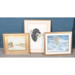 Three framed pictures. Includes watercolour landscape scene, hunting dog example and a Lindsey
