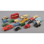 A small box of mainly vintage play worn diecast vehicles. Includes Lesney, Corgi etc.