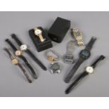 A box of ladies and gents wristwatches. Includes LianHao, Imado digital watch head, ladies gold