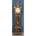 A modern black painted longcase clock. With bird and flower decoration.