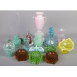 A quantity of art glass. Including vases, Victorian glass furniture caster supports, paperweights,