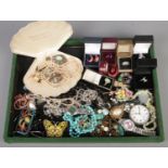 A tray of costume jewellery. Includes Pompadour Pearls, rings, Helvetia military watch etc.