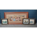 Four framed Egyptian inspired paintings. To include a large framed painting on Papyrus of an