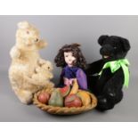 Two soft toys, a bisque doll and a stoneware basket with contents of pottery fruit. Includes limited