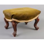 A small Victorian mahogany stool, with cabriole supports and green fabric upholstery. Height: