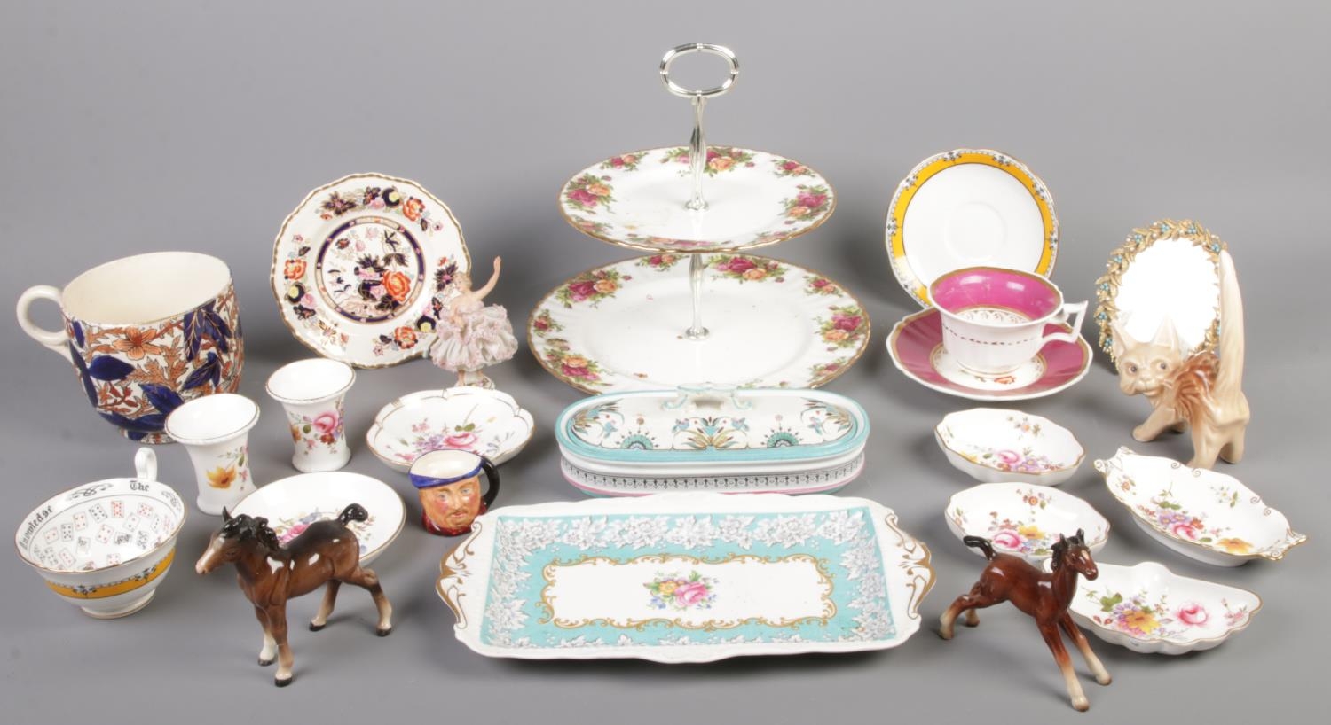 A quantity of ceramics. Including Royal Albert Old Country Roses cake stand, Royal Crown Derby,