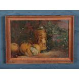 A framed still oil painting on board, depicting fruit, stein and holly. Signed F.A.R to the bottom