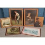 A quantity of paintings and prints. Including oil on canvas of piper boy signed Millicent Boole,