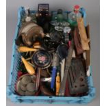 A box of collectables. Includes coins, vintage wooden fishing reel, GPO telegram envelope etc.