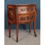 A small kingwood bombe shaped chest, with marble top and marquetry inlay decoration. Height: 85cm,