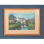 A D. Tunstill (signed 1993) painting depicting the River Harrow in Eardisland, Herefordshire.