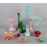 A quantity of art glass. Including tulip vase, white friars style vase, shell, etc.