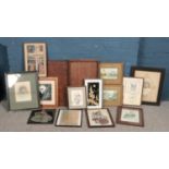 A collection of mainly framed pictures, includes large chess board and oak tray.