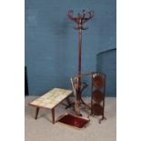 A quantity of assorted furniture including coat stand, folding plate stand, tiled coffee table and