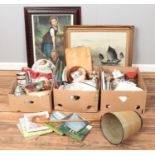 Three boxes of miscellaneous. Includes framed pictures, Majolica style jug, Royal Doulton Bunnykins,