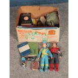 A box of miscellaneous mainly children's toys and books. To include Captain Scarlet toy, Swiss