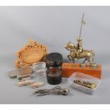 A box of miscellaneous including brass Knight on Horseback, Weights in stand and pair of soapstone
